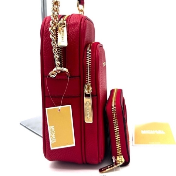 Michael Kors Medium NS Chain Xbody Bag & Jet Set Travel Medium ZA Card Case Red - Picture 4 of 12